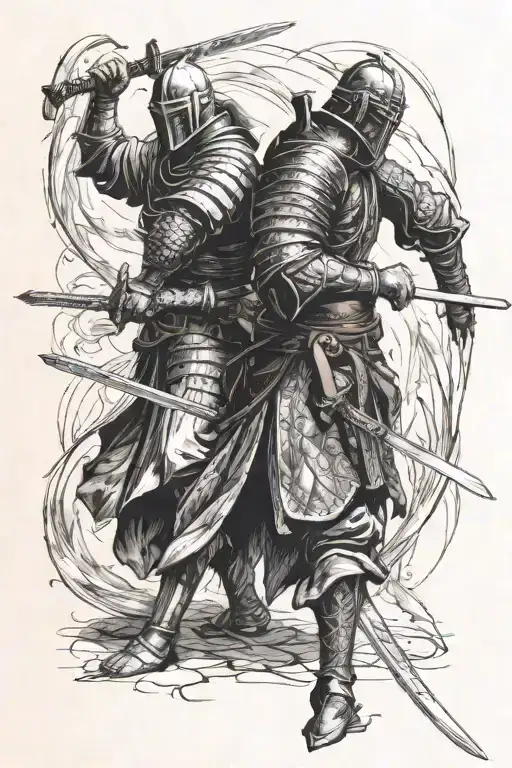 A sword fight between a samurai and a Templar knight. The Templar is standing with his back tattoo design idea