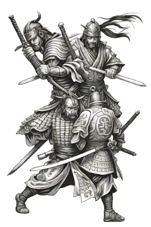 sword fighting, samurai and Templar, samurai stands facing the viewer, Templar stands with his back to the viewer during tattoo design idea