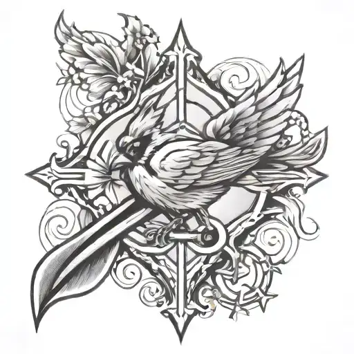 Design a dynamic tattoo featuring the St. Louis Cardinals logo intertwined with Christian symbols like a cross or dove. Include elements of black-grey shading to add depth and contrast to the design. tattoo design idea