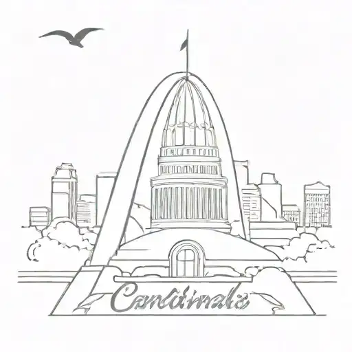 A minimalist tattoo of the St. Louis Arch with a subtle outline of a cardinal bird flying above it, showcasing the client's love for their hometown team, the St. Louis Cardinals tattoo design idea