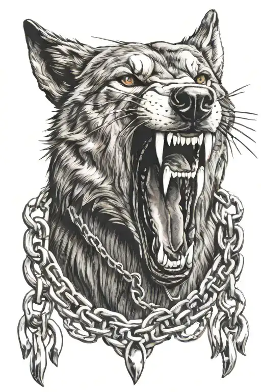 roaring wolf head with broken chains between fangs tattoo design idea