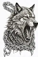 roaring wolf head with broken chains between fangs tattoo design idea