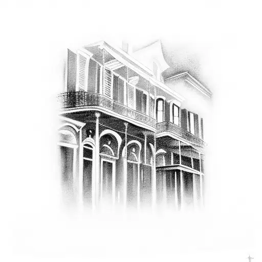 A black and grey tattoo of a New Orleans street scene, with angels and demons battling in the background tattoo design idea