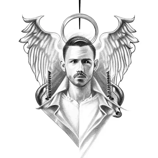A realistic portrait of a barber holding a pair of scissors, with angel wings on one side and demon wings on the other tattoo design idea