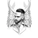 A realistic portrait of a barber holding a pair of scissors, with angel wings on one side and demon wings on the other tattoo design idea
