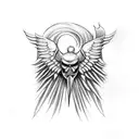 A realistic portrait of a barber holding a pair of scissors, with angel wings on one side and demon wings on the other tattoo design idea