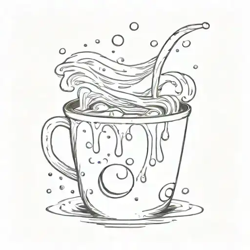 A coffee cup with steam turning into raindrops falling on a beach tattoo design idea