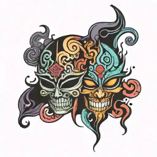 trippy oni mask split in half tattoo design idea