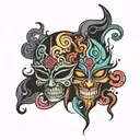 trippy oni mask split in half tattoo design idea