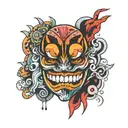 trippy oni mask split in half tattoo design idea