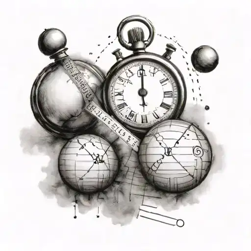 a drawing of the court, measuring the height, and horizontal, where the ball lands, a stopwatch tattoo design idea