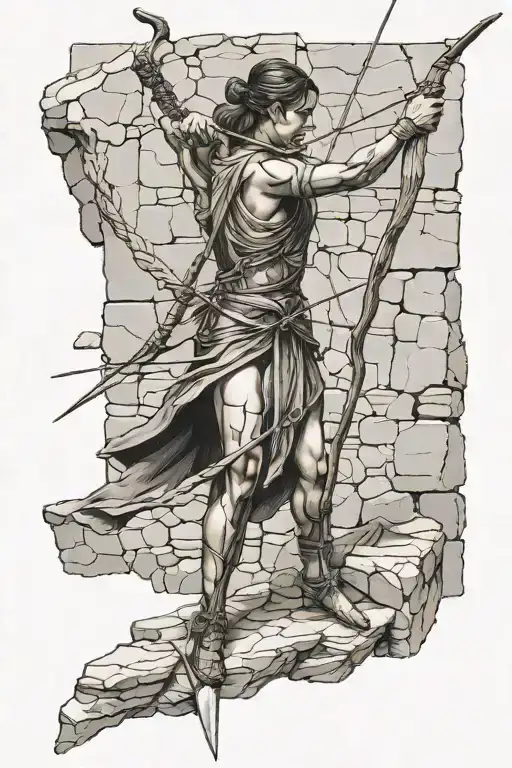 a bow shooting an arrow being carved out of stone. tattoo design idea