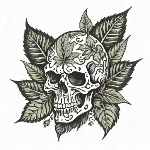 A tattoo of a skull made out of coffee beans and weed leaves, symbolizing dark mystery and passion for coffee and weed tattoo design idea