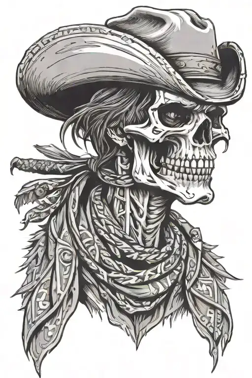 outlaw skull cowboy with torn bandana showing teeth tattoo design idea