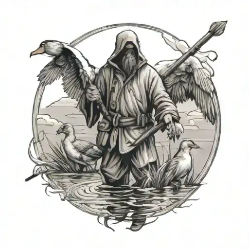 duck hunting reaper standing in water holding ducks tattoo design idea