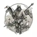 duck hunting reaper standing in water holding ducks tattoo design idea