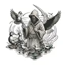 duck hunting reaper standing in water holding ducks tattoo design idea