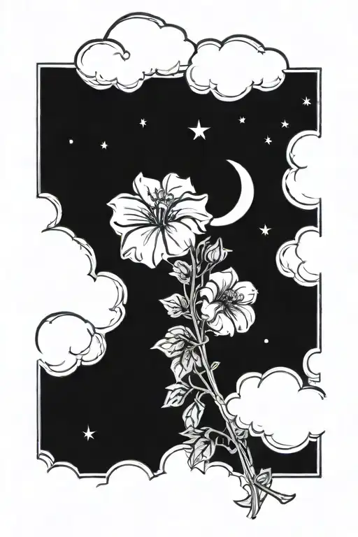 geraniums as rain clouds, crescent moon behind the geraniums  tattoo design idea