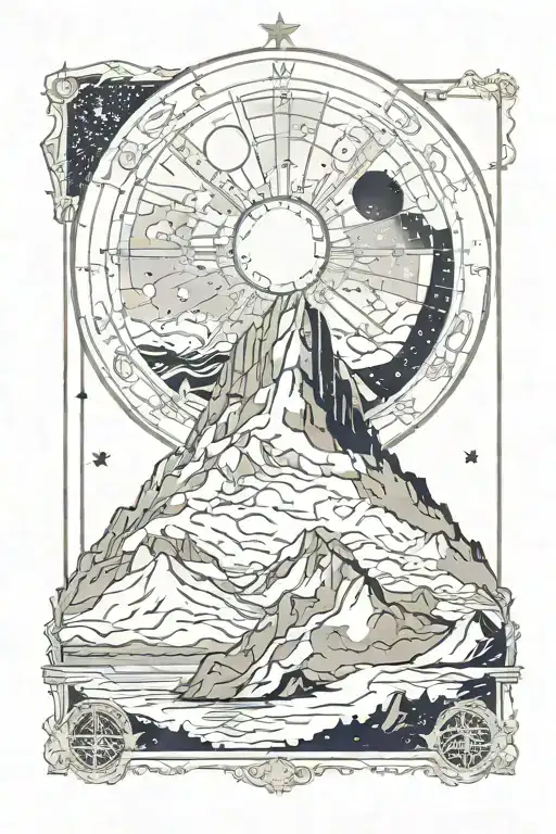 night sky with constellations, jagged mountain landscape, Tarot card, aries, leo, greek, mucha, life, time, death,  tattoo design idea