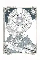 dark night sky with constellations, jagged mountain landscape, Tarot card, aries, leo, greek, mucha, life, gothic  tattoo design idea