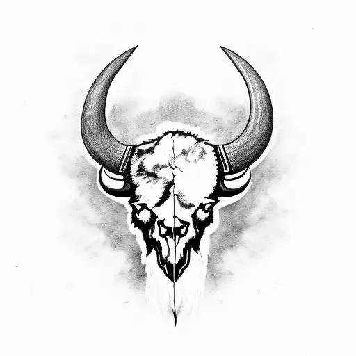 bison skull with heron silhouette in centre of skulll tattoo design idea