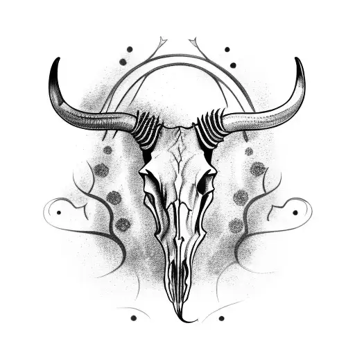 longhorn skull with heron silhouette in centre of skulll tattoo design idea