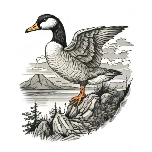 goose sitting mountain background tattoo design idea