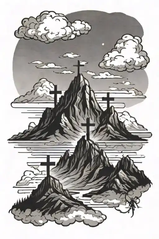 Mountains with 3 crosses and clouds in the background tattoo design idea