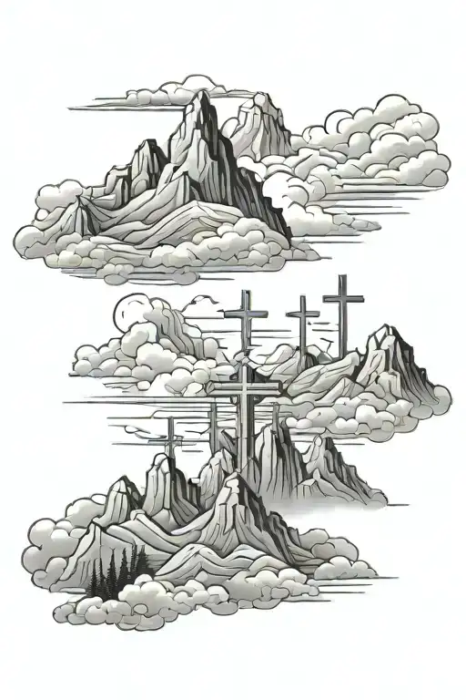 3 mountains with 3 crosses on the mountains and clouds in the background tattoo design idea