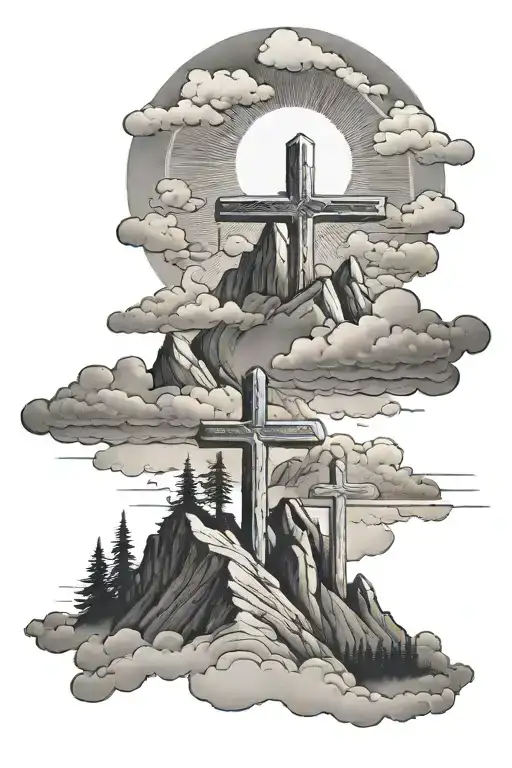 a mountain with 3 crosses with clouds in the background tattoo design idea