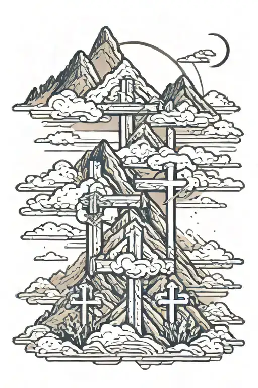 Mountains with 3 crosses and clouds in the background tattoo design idea