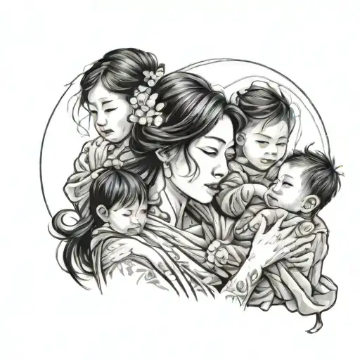 Mother with 3 children japanses tattoo design idea