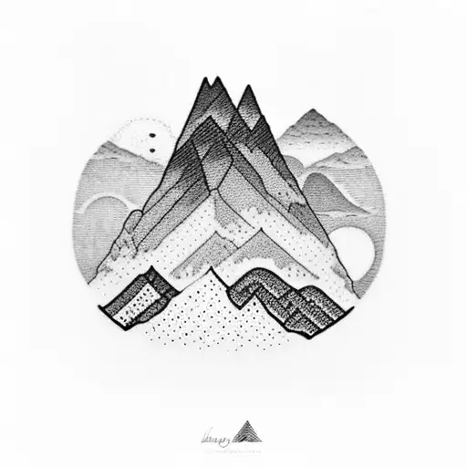 A dotwork tattoo depicting a stunning mountain landscape with a sun setting behind it, representing your love for nature's beauty and tranquility. tattoo design idea