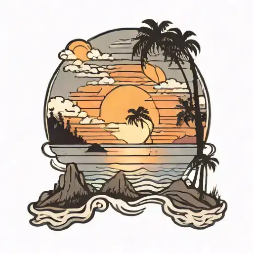 beach with sunset and palms on the right, dog face in the center, and lake shore with mountains and pines on the left.  tattoo design idea
