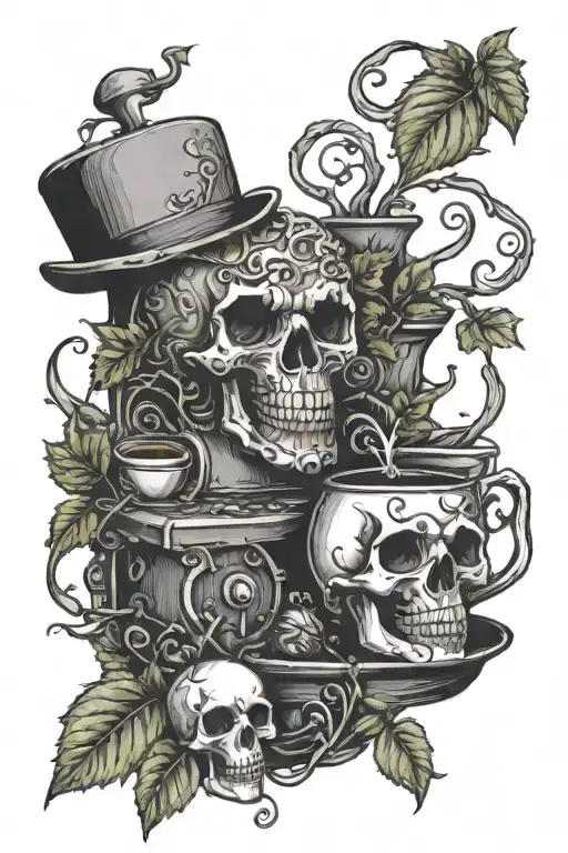 poison ivy vines wrapped engulfing Halloween skulls pumpkin and coffee machine tattoo design idea