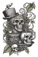 poison ivy vines wrapped engulfing Halloween skulls pumpkin and coffee machine tattoo design idea