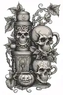 poison ivy vines wrapped engulfing Halloween skulls pumpkin and coffee machine tattoo design idea