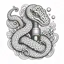 A vape pen morphing into a snake with alien eyes, surrounded by coffee beans and paw prints tattoo design idea