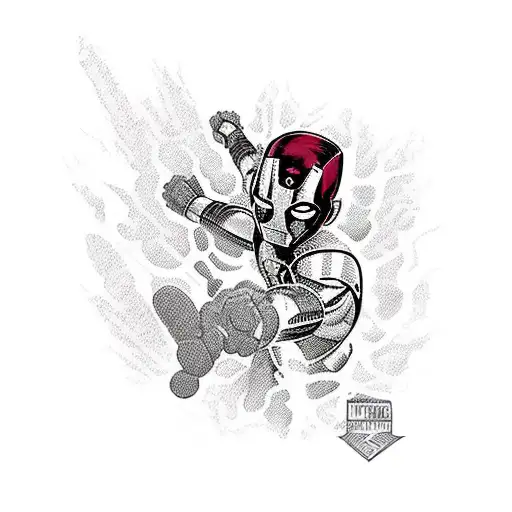 Maximum Effort in Marvel lettering with Marvel super heroes and little deadpools surrounding it. Forearm sleeve tattoo design idea