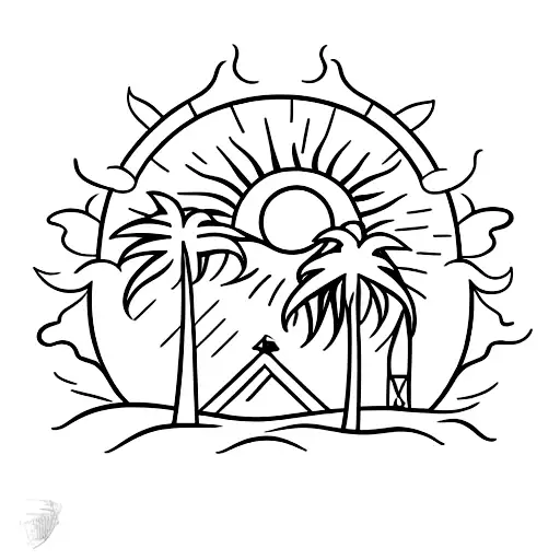 A minimalist tattoo of a beach scene with palm trees, waves, and a sun setting behind a Renaissance-inspired architectural element tattoo design idea