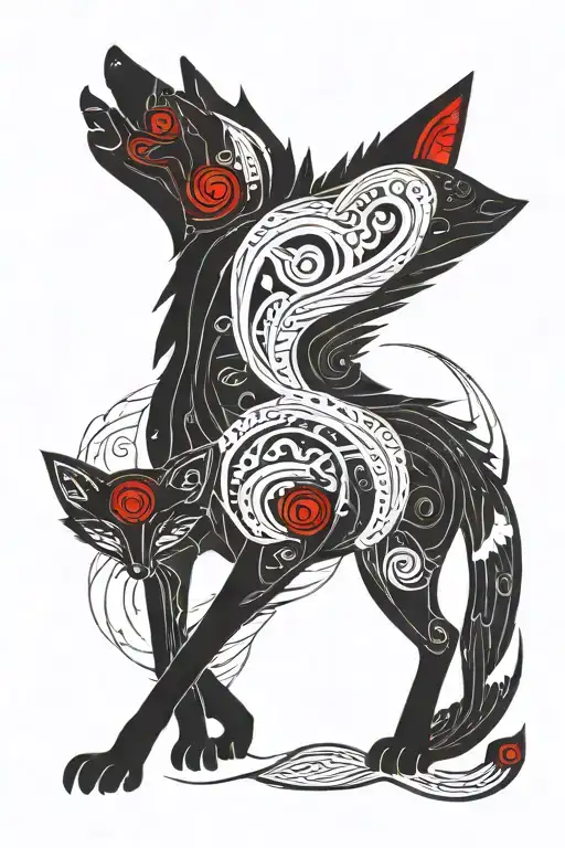 full body of a Black fox with red eyes, northen Russia aesthetic tattoo design idea