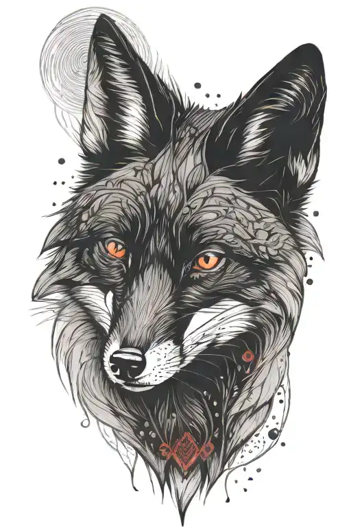 Black fox with red eyes, northen Russia aesthetic tattoo design idea