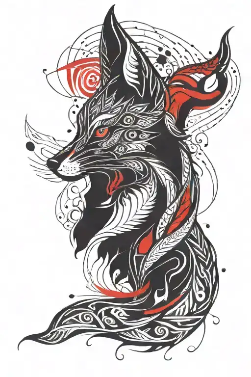 Black fox with red eyes, northen Russia aesthetic tattoo design idea