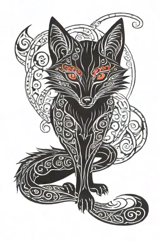 full body of a Black fox with red eyes tattoo design idea