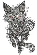 Black fox with red eyes jumping tattoo design idea
