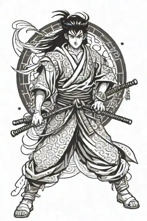 Inuyasha dressed as Samurai with black hair, around him kanji for Moon and for bushido tattoo design idea
