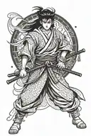 Inuyasha dressed as Samurai with black hair, around him kanji for Moon and for bushido tattoo design idea