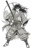 Inuyasha dressed as Samurai with black hair, around him kanji for Moon and for bushido tattoo design idea