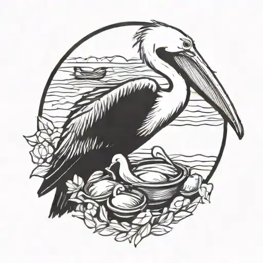 pelican feeding its young in style of Louisiana state flag tattoo design idea