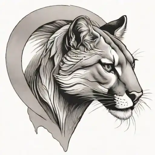 A mysterious and feminine cougar with a crescent behind her head tattoo design idea
